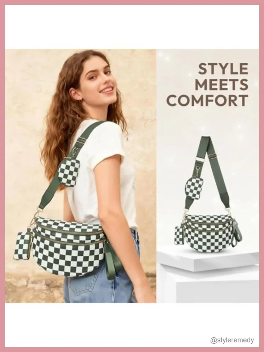 Large Checkered Nylon Crossbody Bag with RFID-Blocking Pouches Adjustable Strap